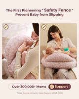 Multifunctional adjustable nursing pillow with leaf print, providing comfort & safety for mom and baby.