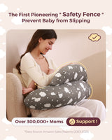 Multifunctional nursing pillow with cloud pattern offering support for breastfeeding moms.