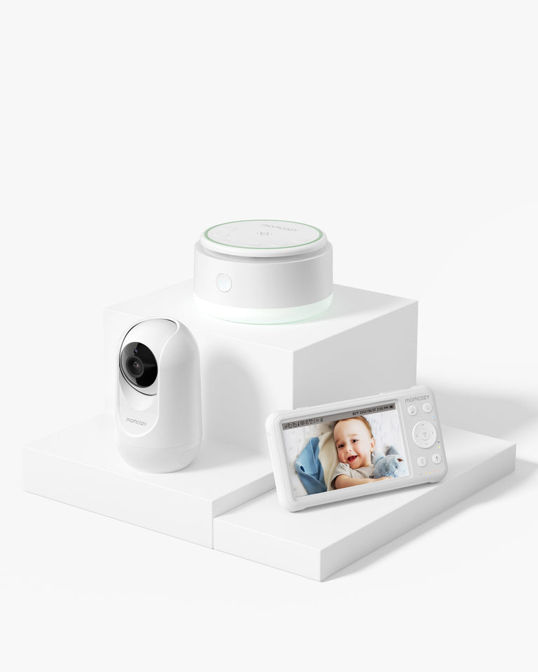Translation missing: it.Baby care bundle including portable baby sound machine, baby monitor camera, and baby monitor screen showing a sleeping baby