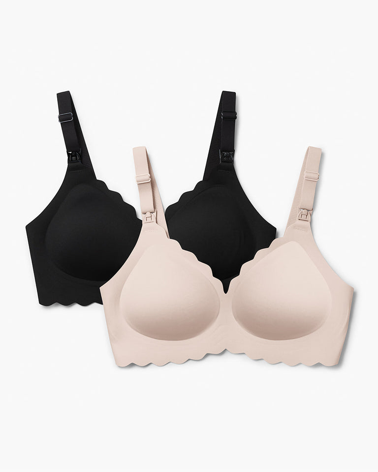 Translation missing: it.Two Jelly Strip Seamless Nursing Bras YN46: black &amp; light beige. Scalloped molded design, M9 Pump compatible clips